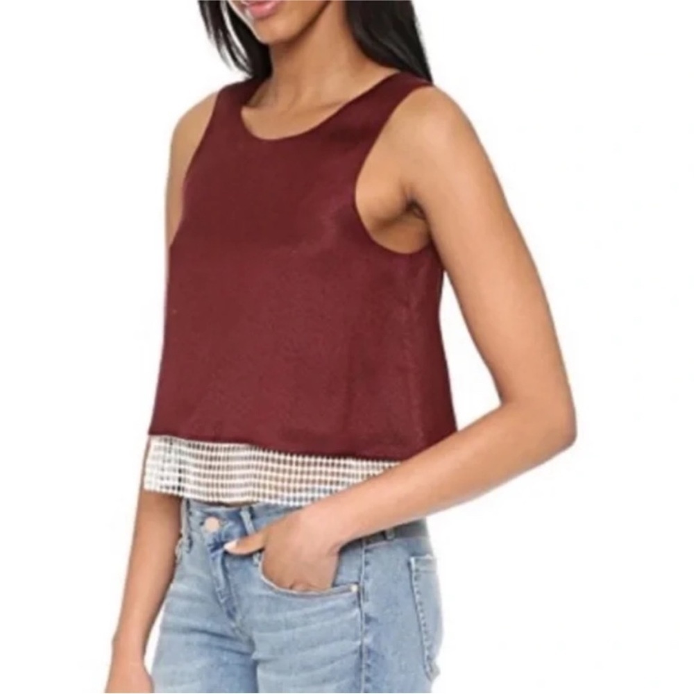 Club Monaco Burgundy Linen Blend Sleeveless Crop Top w/ White Mesh Lace Underlay - Picture 2 of 15